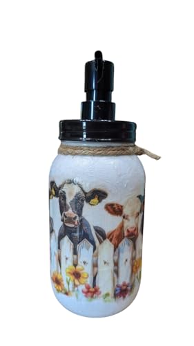 Decorative Mason Jar with Farm Cows Design, Rustic White Farmhouse