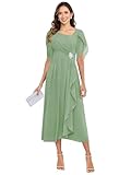 TXDBB Tea Length Grandmother of The Bride Dresses Petite Sage Green Half Sleeve Formal Dress for Women Size 12
