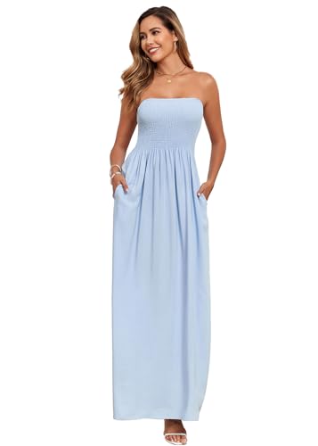 Image of Women Detachable Strap Beach Dress Strapless Smocked Pockets Maxi Dress | Removable Straps Flowy Swing A Line Maxi Beach Dress Boho Vacation Casual Smocked Strapless Beach Wedding Guest Sundress