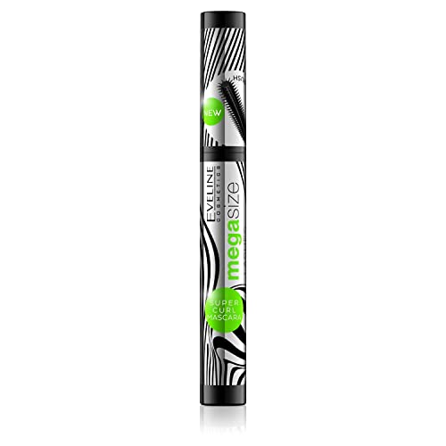 Eveline Cosmetics Mega Size Lashes Super Curl Mascara - 90 Curl, Long & Thick Lashes, Deep Black, Silicone Brush - Nourishing Vitamin Formula