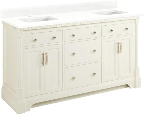 Signature Hardware 953832-60-RUMB-1 Claudia 60" Mahogany Double Basin Vanity Set with Cabinet, Vanity Top, and Rectangular Undermount Sinks - Single Faucet Holes - White/Feathered White