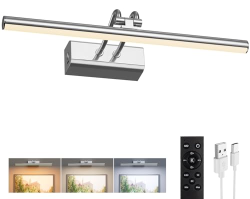 Image of Picture Light for Wall, Platinum Silver, Battery Operated, Remote Control | 4000mAh Cordless,Wall Light, Magnetic for Easy to Charge,Timers, Display for Gallery Living Room Bedroom
