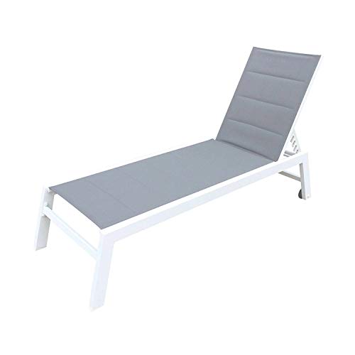 BENEFFITO BAISAO - Bain de Soleil Droit Textilène Aluminium - Inclinable et Confortable - Léger et Facile à Déplacer - roulettes Arrière - Gris/Blanc - X1 Cover