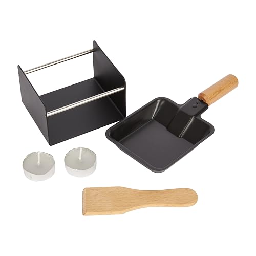 Artesà Mini-Raclette-Grill Einzelset für 1-2 Personen, Metallgestell, antihaftbeschichtete Pfännchen, Holzspatel und 2 Kerzen, Schwarz / Beige