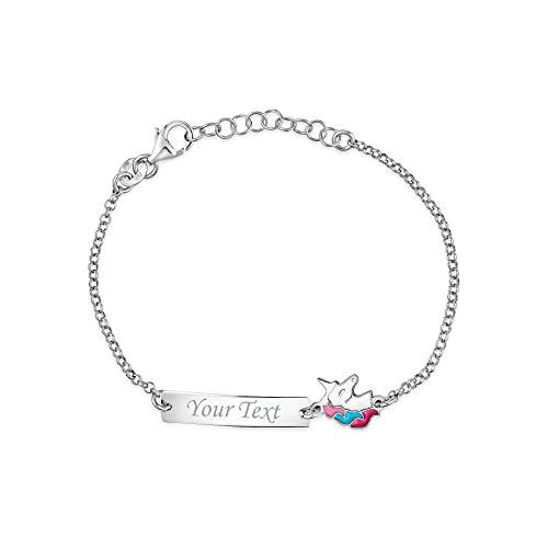 Image of UNICORNJ Sterling Silver 925 Engravable ID Bracelet Rolo Chain for Girls Heart with Pink Enamel 6.5 inch