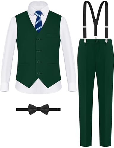 Image of Boys Green Suit 5 Pieces Slim Fit Kids Formal Tuxedo Suit Set for Wedding Ring Bearer, Easter, First Communion, Confirmation, Graduation Teen Boys Size 10