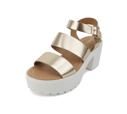 Image of Soda ACCOUNT ~ Women Open Toe Two Bands Lug sole Fashion Block Heel Sandals with Adjustable Ankle Strap
