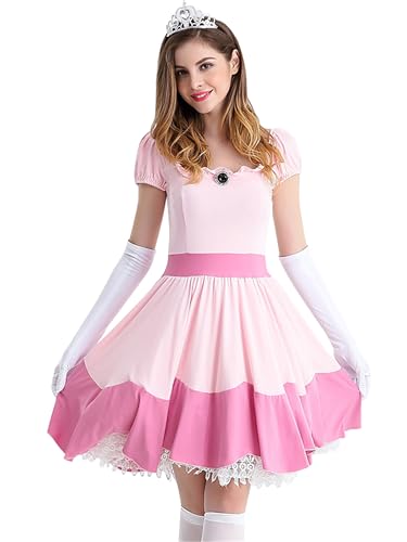New front Disfraz Princess Peach Adult Mujer Super Mario Costume Aurora para Fiestas Halloween Carnaval Halloween Cumpleaños Navidad Cosplay Cortos VestidosRosa,XXL