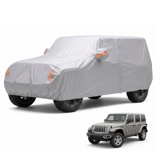 Image of Car Cover for Jeep Wrangler 2 Door 1987-2026 JK JL CJ YJ TJ Outdoor Waterproof Sun Rain Snow Hail UV Protection with Driver Door Zipper,Silver