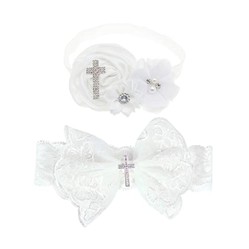 BBTDIN Baby Baptism Headband Bow Newborn Christening Hair Band Baby Baptism Lace Headwear BBG48 (C2-Cross Set)2