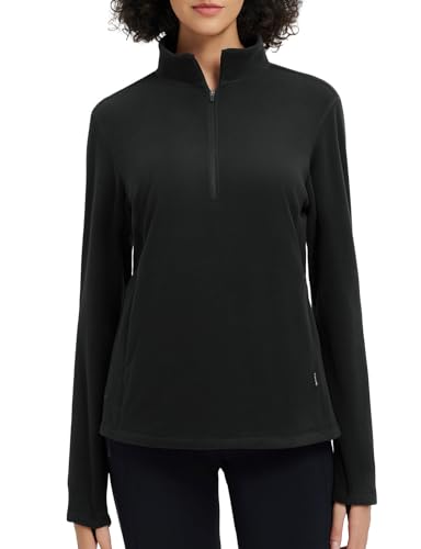 baleaf Women's Thermal Quarter Zip Pullover Polar Fleece Long Sleeve Hiking Running Warm Tops Cold Weather Gear with Kangaroo Pocket Black M