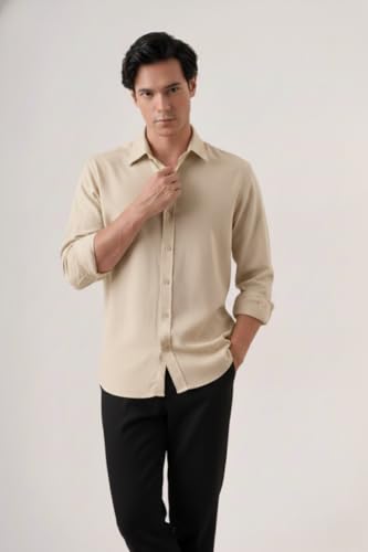 Image of CRYSTAL SKY Men Airy Linen Cotton Shirt Regular Fit Full Sleeves Solid Formal Shirt Stylish Daily Casual Office Wear