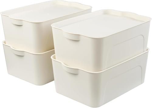 RMAN Juego de 4 Cajas Almacenaje Plastico con Tapa Cajas Organizadoras Apilables con Asa para Cocina, Baño, Dormitorio, Oficina, Armario, 15L - Blanco RMAN Juego de 4 Cajas Almacenaje Plastico con Tapa Cajas Organizadoras Apilables con Asa para Cocina, Baño, Dormitorio, Oficina, Armario, 15L - Blanco