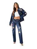 True Religion Brand Jeans Women's Ricki Relaxed Straight Jean with Patches, Crystal Cove