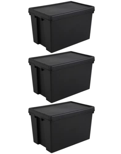 Wham Bam 100% Recycled Super Strong Impact Resistant Black Re-Usable Storage Boxes With Lids 92 Litre 59.5 x 40 x 52cm (3 Boxes)