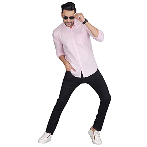 Image of Men's Solid Slim Fit Cotton Casual Shirt with Spread Collar & Full Sleeves
