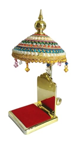 Image of Decorated Adjustable Umbrella Chhatra with Hanging Crystals (20x10x10cm) for God Idol, Car Dashboard Office Desk Table Home Temple Decor Showpiece, Chatri Aasan L -19