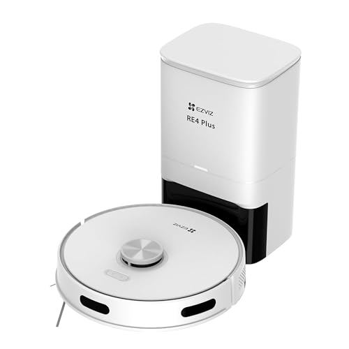 EZVIZ Aspirapolvere Robot e lavapavimenti combinato RE4 Plus, mocio pulitore, booster tappeti, auto-ricarica | Pulisce fino a 300 ㎡, Rilevamento cadute, con base di svuotamento automatico