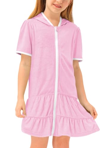 BesserBay Girls Zip-Up with Pockets Terry Cover Up Cozy Bathrobe with Hood 4-14 Years