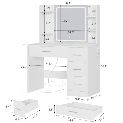 Image of FIONESO Vanity Desk with Mirror and Lights, Makeup Vanity with Power Outlet and 4 Drawers & 6 Shelves & 5 Hooks, 3 Color Modes & Adjustable Brightness, White Vanity for Bedroom