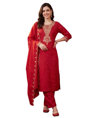 Image of INDO ERA Women's Silk Blend Embroidered Kurta & Pant with Dupatta Set | Kurta Sets For Woman