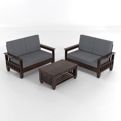 Image of Sheesham Wooden 4 Seater Sofa Set for Living Room | Rosewood Cushion Sofa with Side Newspaper Holder for Home & Office | Solid Wood Sofa Set for Lounge (Walnut, 2+2 Seater)