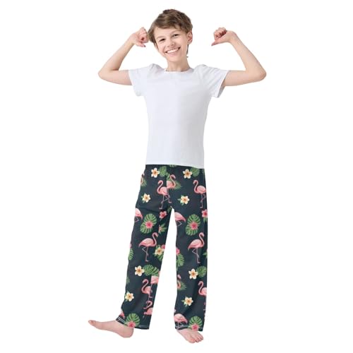 CHIFIGNO Size 9-10 Boys Pants Tropical Leaves Flamingos Black Boys Home Pants, Big Boys Pants with Pockets3