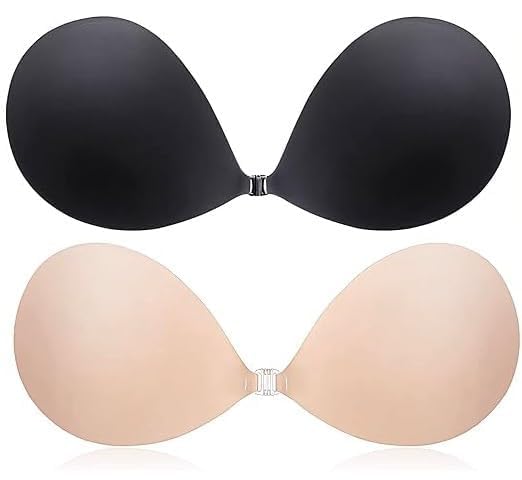 gelon Women's & Girl's Strapless Sticky Bra Invisible Backless Stick on Bra Push up Lift Bras for Women Dress Reusable Silicone Nipple Covers (Free-Size) (2PCS Beige+Black)-picture-35