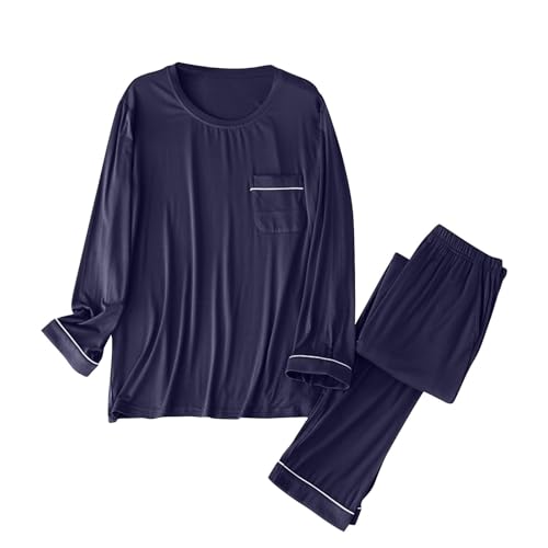 Pajama Sets for Men Lightweight Long Sleeve Crew Neck Comfy Button Down Sleepwear Pockets Tops Casual Loungewear