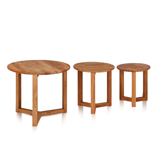 KHG Couchtisch 3er Set geöltes Massivholz Eiche runde Tischplatte Natur-Braun Kufen-Gestell klassisches Sofatisch-Set belastbar 50 kg