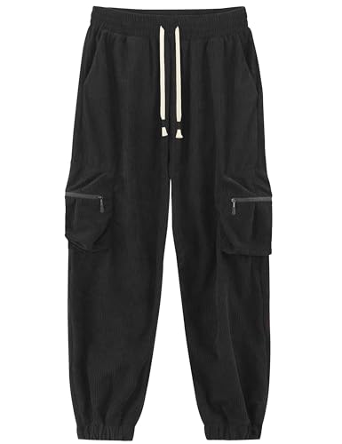 APTRO Herren Baggy Cordhose Cargo Hosen mit Reißverschluss Taschen Freizeit Elastische Taille Lang Jogginghose Schwarz L