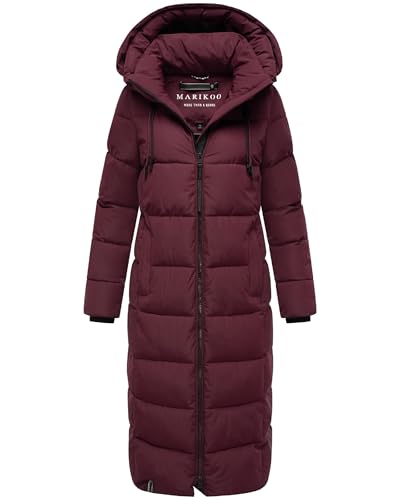 MARIKOO Damen Wintermantel warmer Steppmantel lang mit abnehmbarer Kapuze Nadeshikoo XVI Wine Gr. L