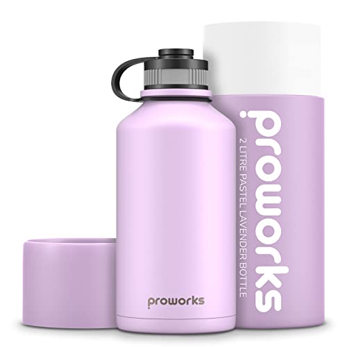 Proworks Botella 2 litros | Botellas de Acero Inoxidable Aisladas al Vacío para 24 Horas de Frío y 12 Horas de Calor, Prueba de Fugas para Deportes, Senderismo, Caminatas y Camping - Lavanda Pastel