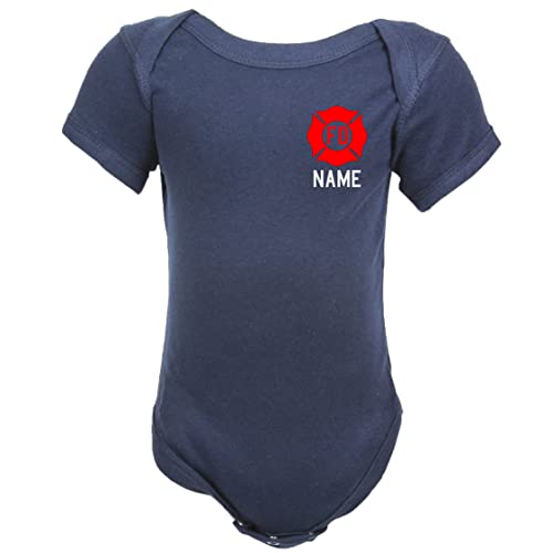 Firefighter Red Maltese Cross Personalized Navy Baby Bodysuit Only2