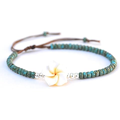 Boho Beaded Anklet for Women and Teen Girls, Unique Bohemian Turquoise and Sterling Silver Beaded Anklet with Hawaii Hawaiian Plumeria Flower, Handmade by Tribes Cover