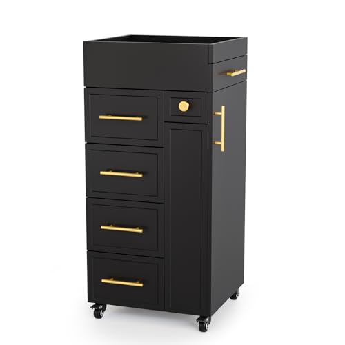 OmySalon Salon Trolley Cart Hair Styling Station with 5 Drawers 3 Tool Holders & Adjustable Shelf Mobile Storage Cabinet Utility Trolley for Barber Beauty Spa Home (Black)