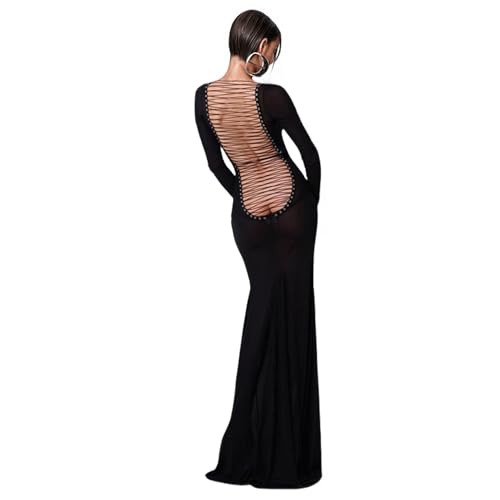 JUMISEE Women's See Through Mesh Long Sleeve Maxi Dress Sexy Criss Cross Lace Up Bodycon Dress Long Dresses for Rave Festival Black
