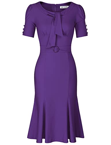 Image of MUXXN Women's Vintage 1950s Midi Crew Neck Short Sleeve Party Cocktail Work Casual Bodycon Dress