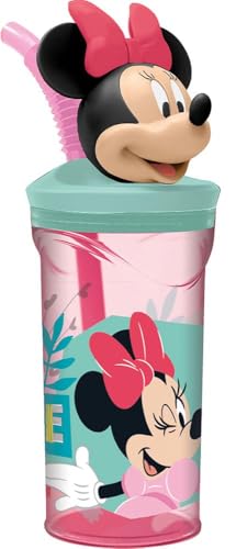 Tataway Vaso de plástico rosa Disney Minnie 360 ml para niñas con pajita y figura 3D del personaje