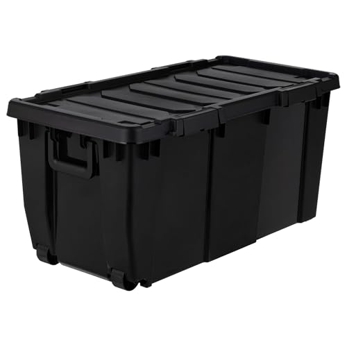Image of IRIS USA 32 Gallon Rolling Storage Bin with Lid, Heavy Duty, 2 Pack | Built-in wheels and lockable latches make transporting tools, camping gear, truck equipment, and garage storage effortless.