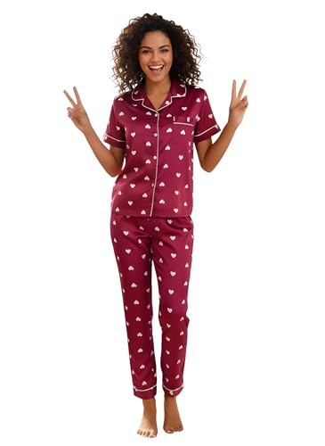 Image of Women's Lycra Heart Printed Night Suit Set of Shirt & Pajama Set Women Night Wear Set,Night Dress for Woman