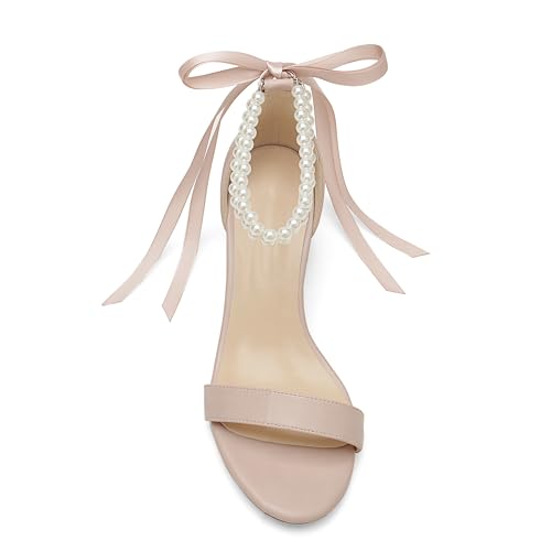 Women's Block Heels Pearl Wedding Shoes for Bride, Open Toe Chunky Low Heel Bridal Shoes4