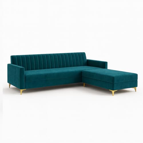 Image of SOCOZI Morello 4 Seater L Shape Sofa Set with Movable Ottoman | Flexible Left or Right Layout | Soft Velvet Suede Fabric | Modern Design | Plush Comfort Cushions for Living Room (Green Teal)