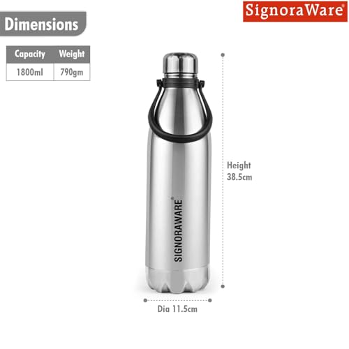 Image of SignoraWare Aqualene Vaccum Stainless Steel ISI Certified Cola Bottle | Airtight & Leakproof | Hot & Cold for Hours | Rust Resistant | Durable Flask for Home, Travel, Gym & Offices (1.8 Ltr | Steel)