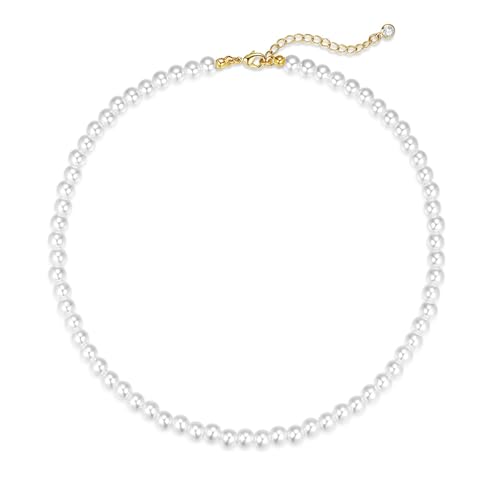LULII Pearl Necklaces for Women 6MM Cream White Round Pearl Choker 14K Gold Plated Dainty Lobster Clasp Necklace for Women Jewelry Gifts