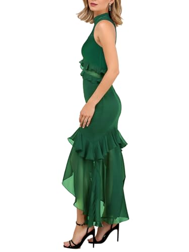 Image of Aisbei Women's Elegant Bodycon Maxi Dress Mock Neck Sleeveless Mesh Ruffle Dress Party Cocktail Formal Wedding Guest Dresses