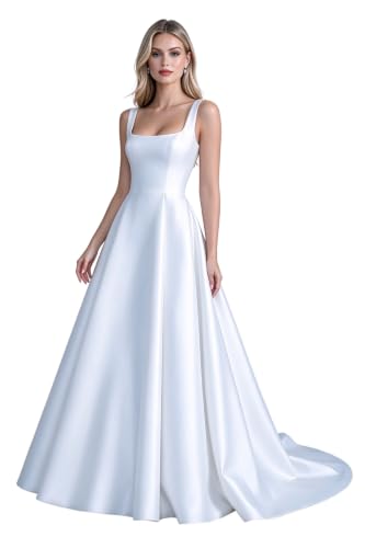 Ball Gown Bridal Gown for Women Long Satin Beach Square Neck A-line Sleeveless Backless Corset Wedding Gown for Bride White US14