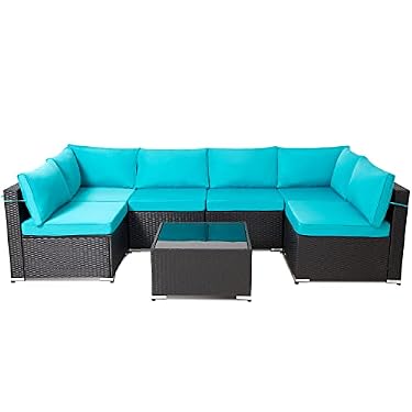 AMAZON - Cpintltr 7-Piece Patio Furniture Set Outdoor PE Rattan Furniture All-Weather Sectional Wicker Sofa with Tempered Glass Table Patio Conversation Sets for Balcony Porch Poolside Black/Bluish Green