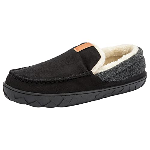 deenor Men's Moccasin House Slippers Warm Fuzzy Lining Indoor Shoes Cozy Memory Foam Anti-Slip Outdoor Shoes Size 7-16, Black, 9 UK