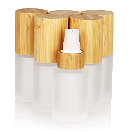 COSIDEA 6 pcs Empty 1oz / 30ml bamboo lids Frosted glass bottle with lotion pump dispenser, refillable emulsion cosmetic cream bottles, toiletries refill travel container